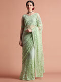 Party Wear Pista Green Floral Embroidered Net Saree