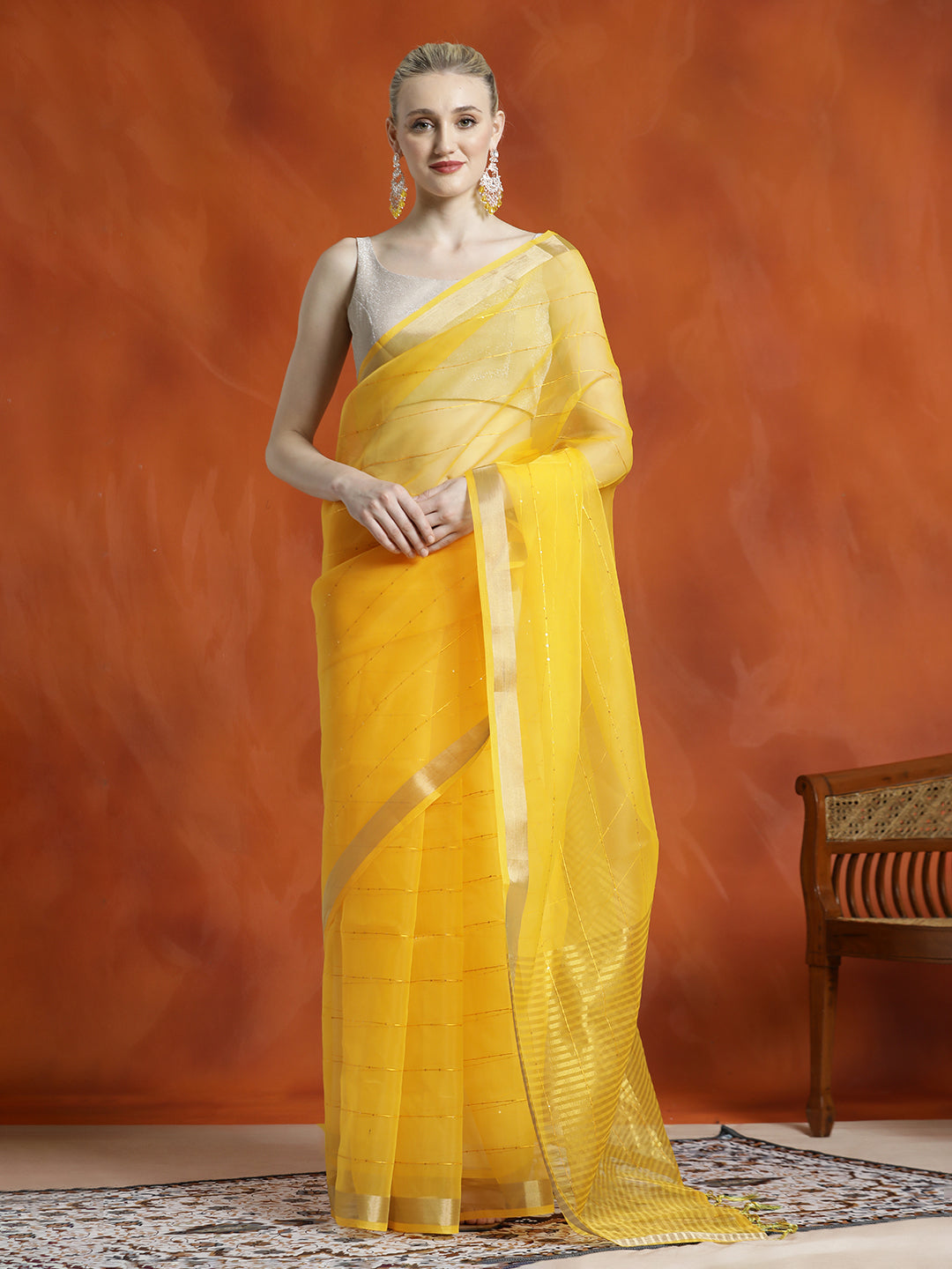 Yellow Sequin Embellished Banarasi Organza Saree