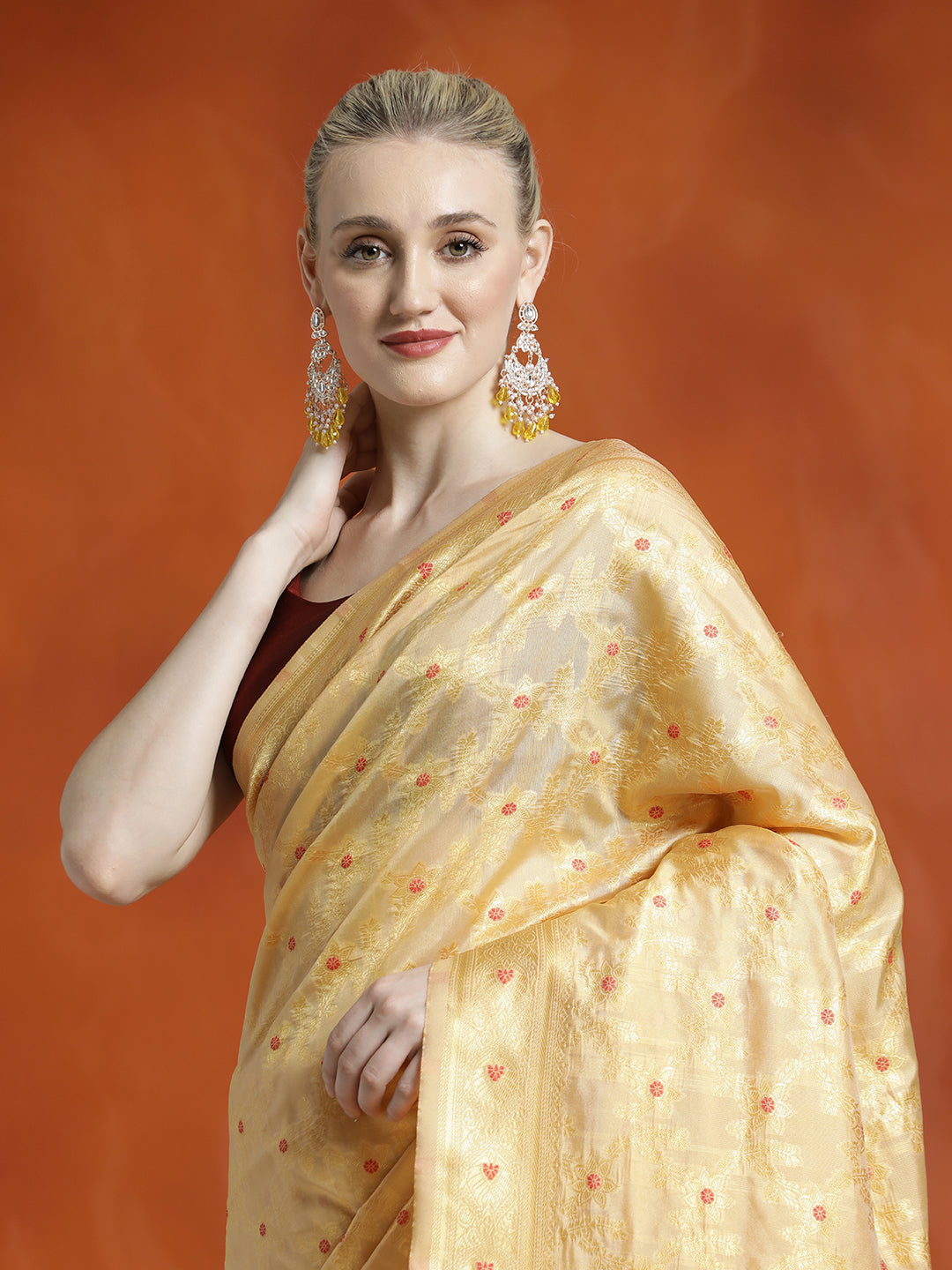 Beige Banarasi Zari Woven Silk Blend Saree