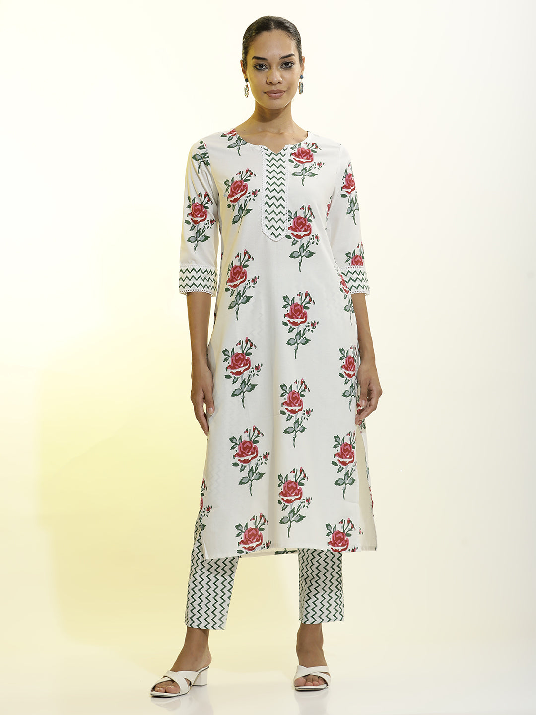 Floral Printed Cotton Straight White Kurta Set