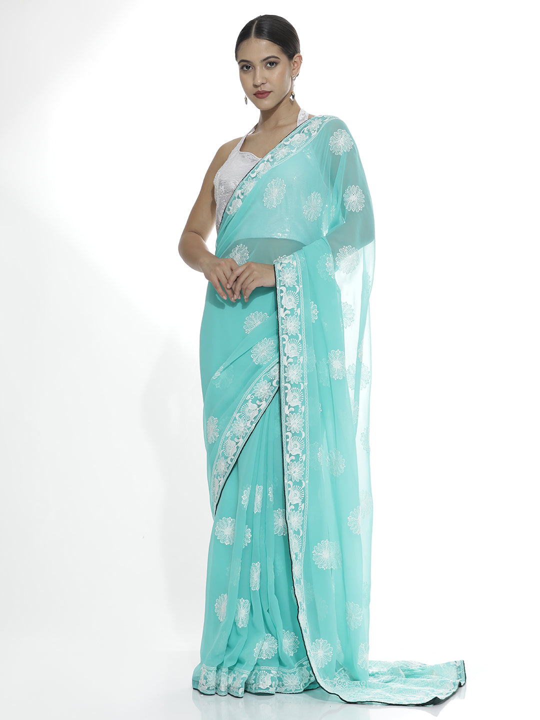 Traditional Sea Green Embroidered Pure Georgette Saree