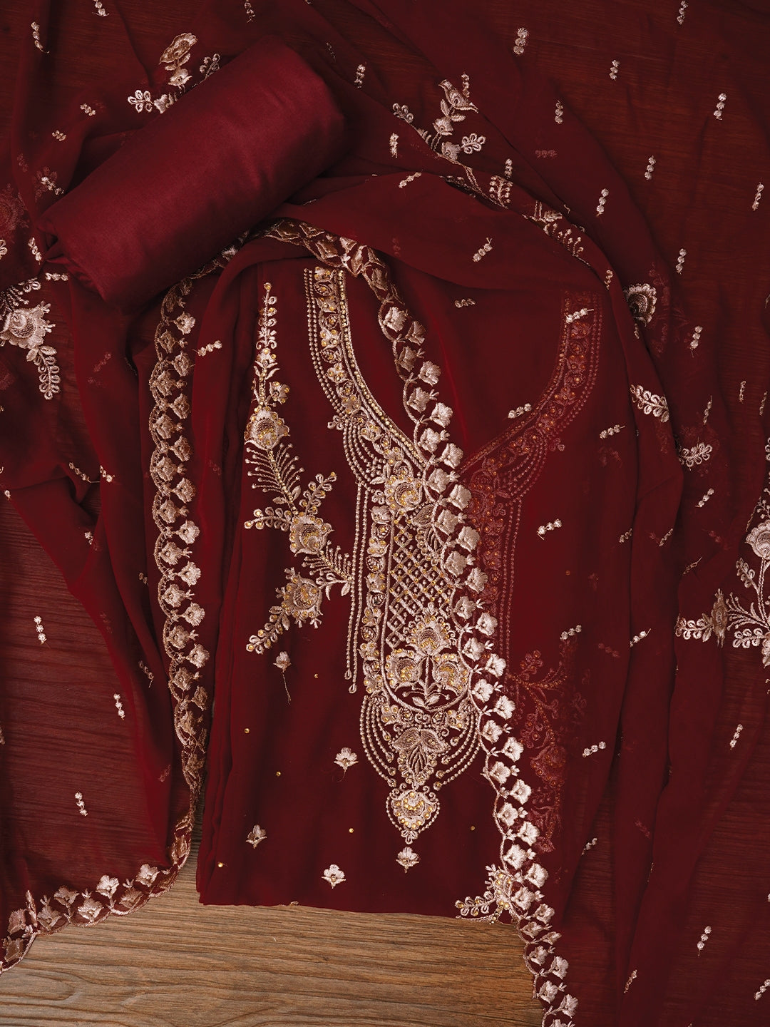 Traditional Maroon Zari Silk Georgette Dress Material with Dupatta