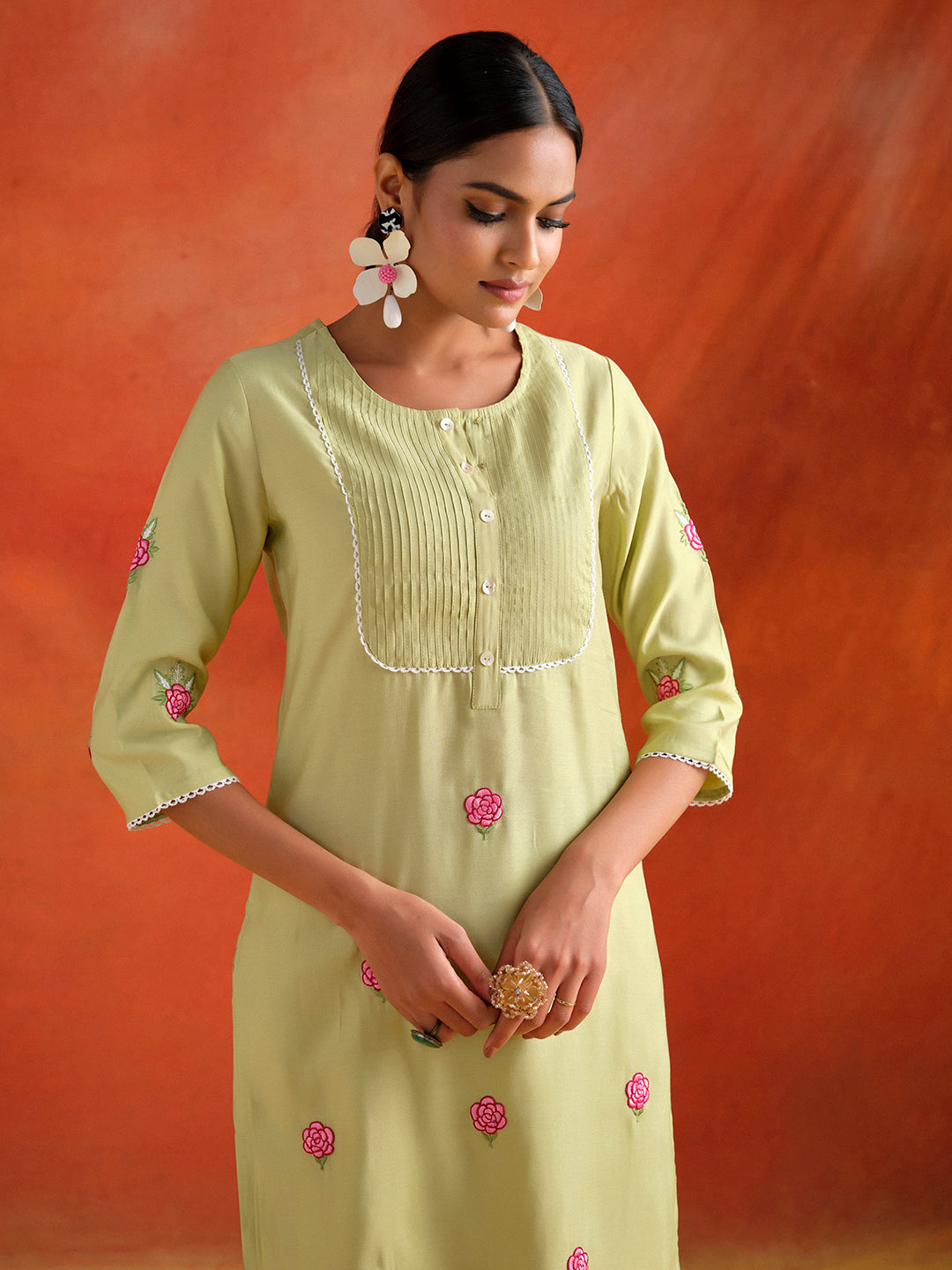 Lime Green Embroidered Viscose Chanderi Festive Kurta Set