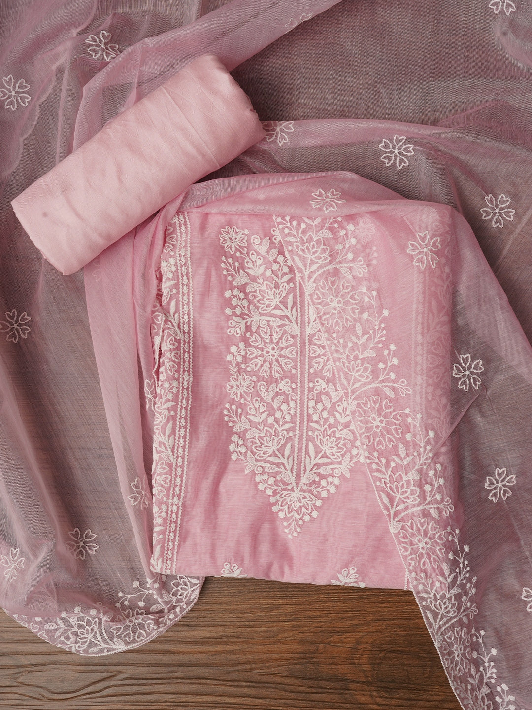 Zari Embroidered Organza Pink Dress Material with Dupatta