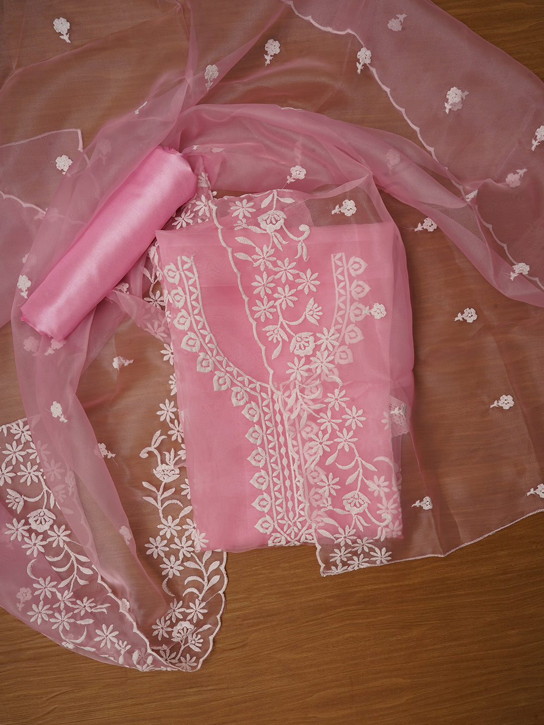 Pink Embroidered Organza Dress Material with Dupatta