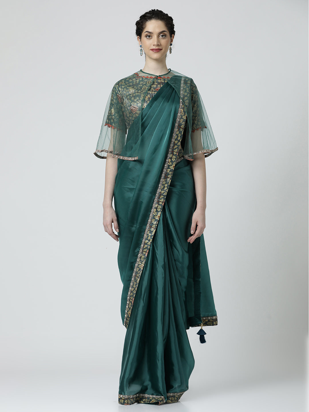 Green Satin Silk Readymade Saree with Readymade Blouse