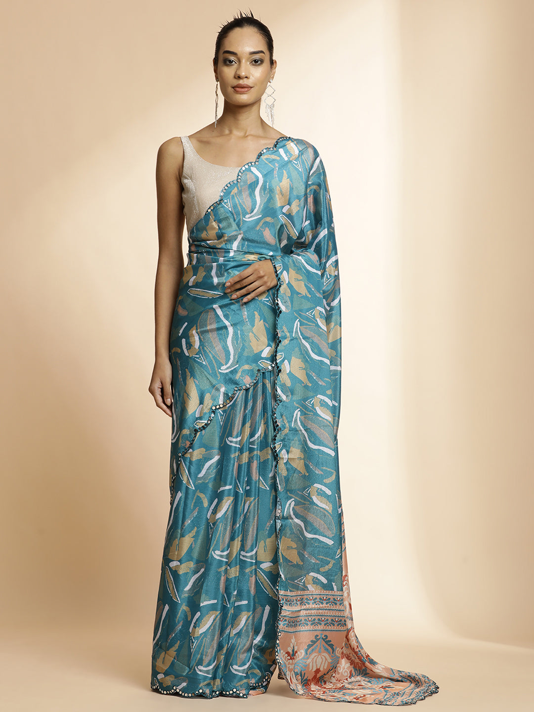 Tie-Dye Mirror Work Satin Saree