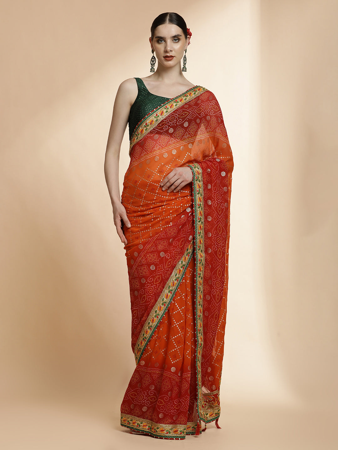 Red Traditional Bandhani Embroidered Pure Georgette Saree