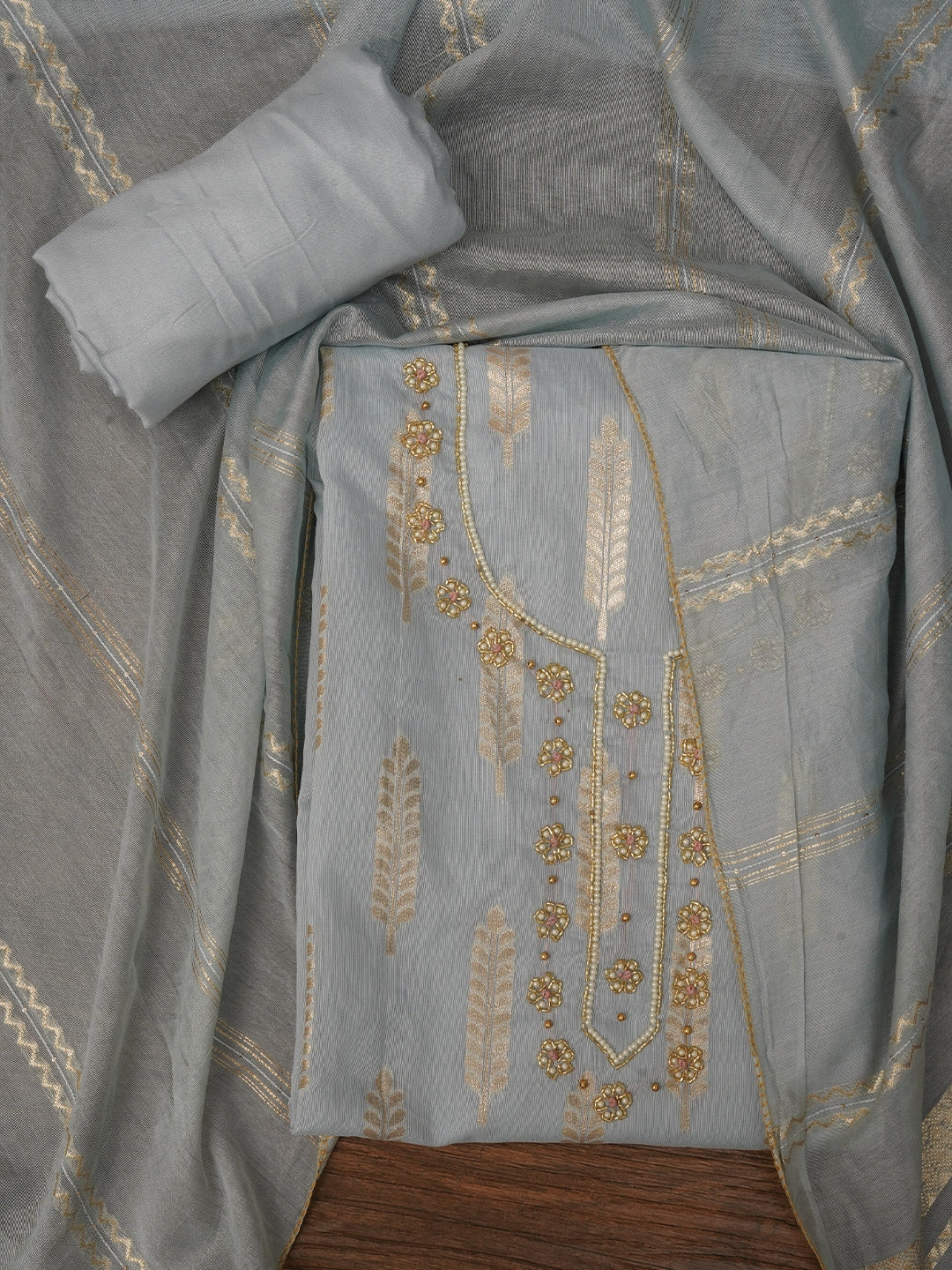 Grey Unstitched Zari Silk Blend Dress Material With Dupatta