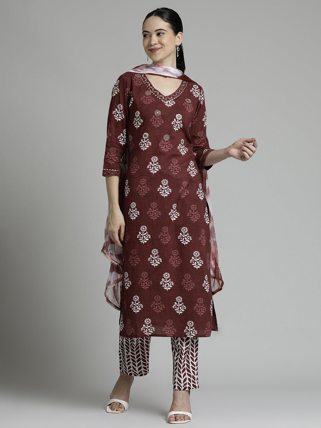 Wine Ethnic Motif Printed Pure Cotton Suit Set