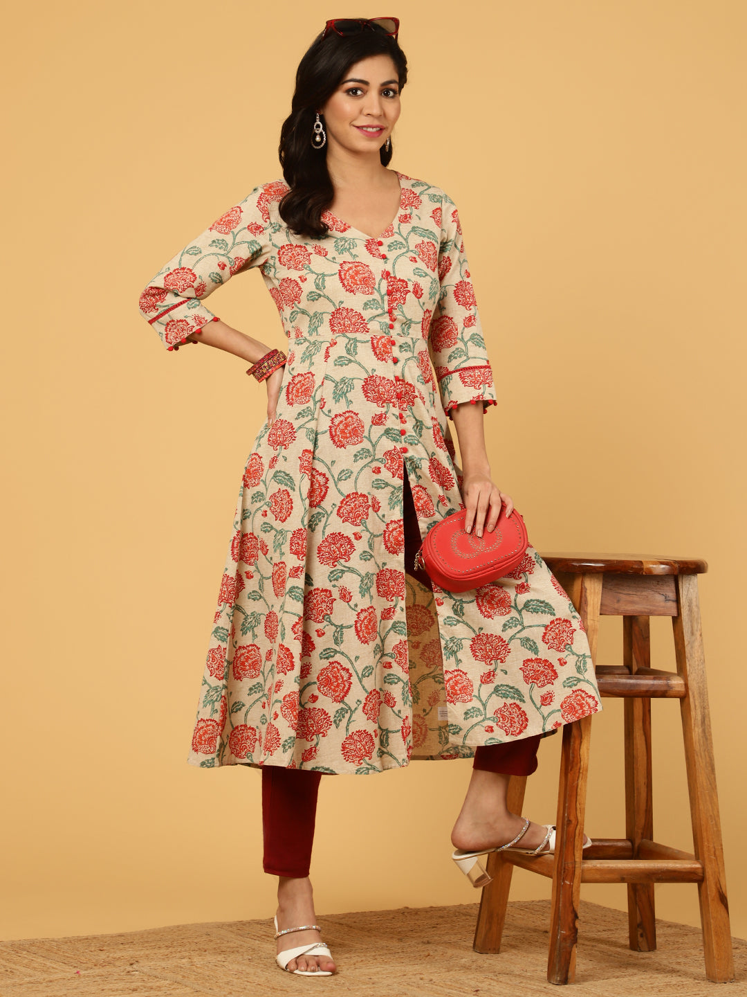 Red Floral Print Cotton Anarkali Kurta