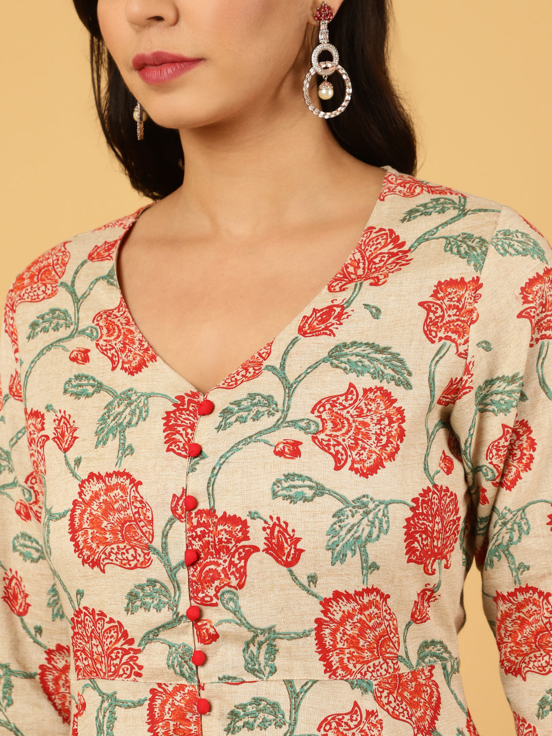 Red Floral Print Cotton Anarkali Kurta