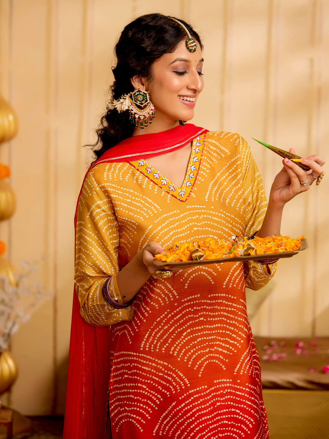 Bandhani Embroidered Straight Art Silk Kurta & Trousers Sets