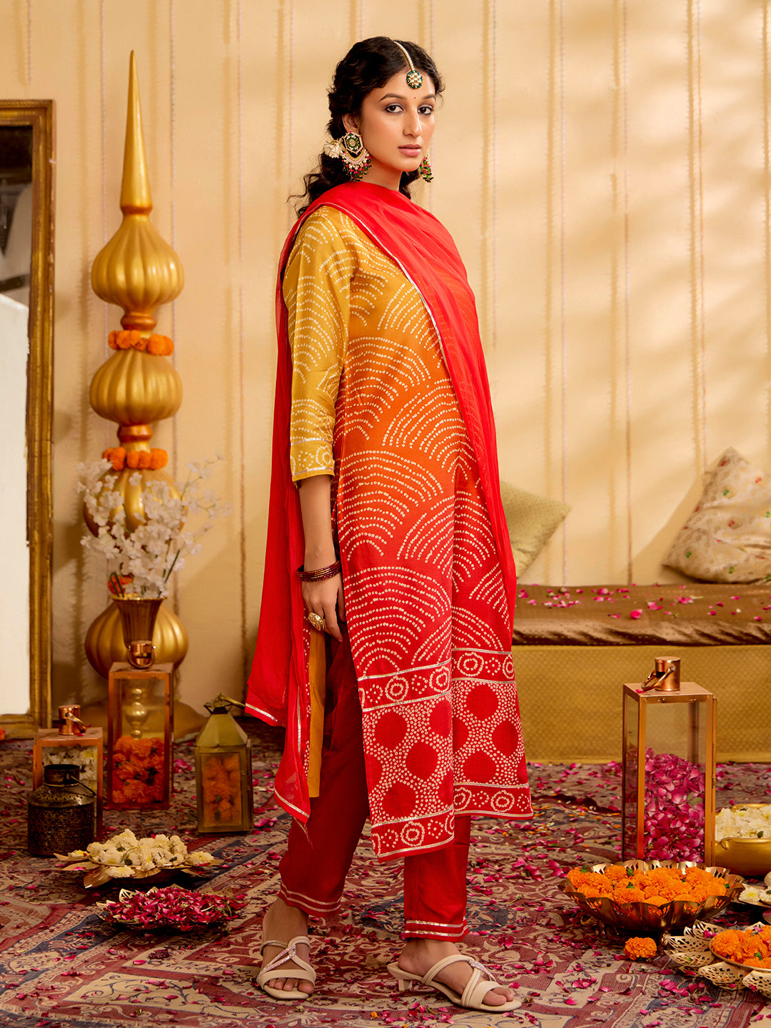 Bandhani Embroidered Straight Art Silk Kurta & Trousers Sets