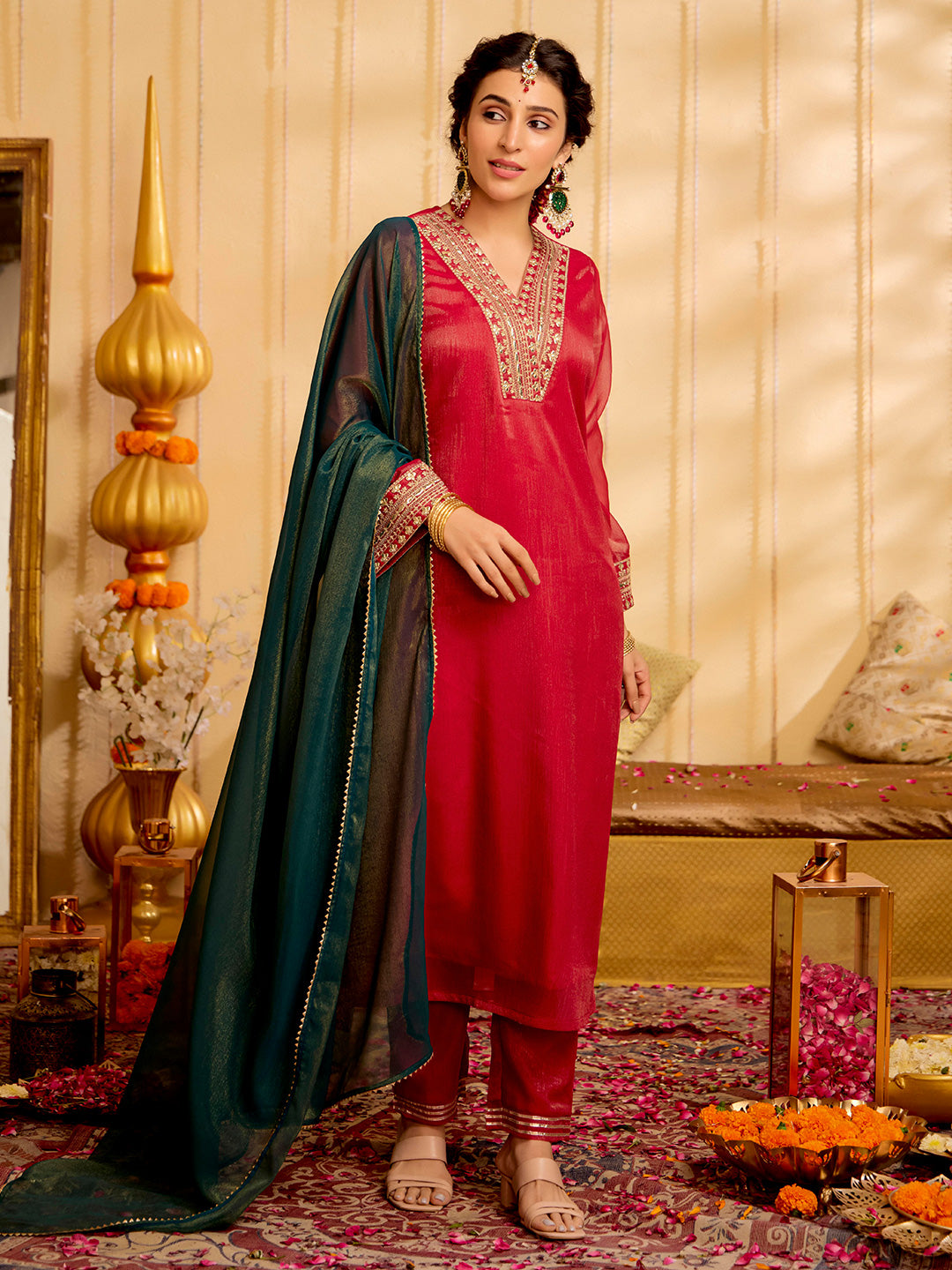 Solid Embroidered Straight Tissue Kurta & Trousers Sets