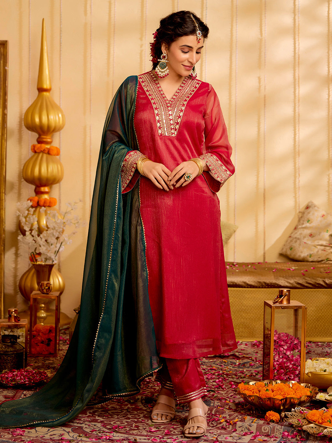 Solid Embroidered Straight Tissue Kurta & Trousers Sets