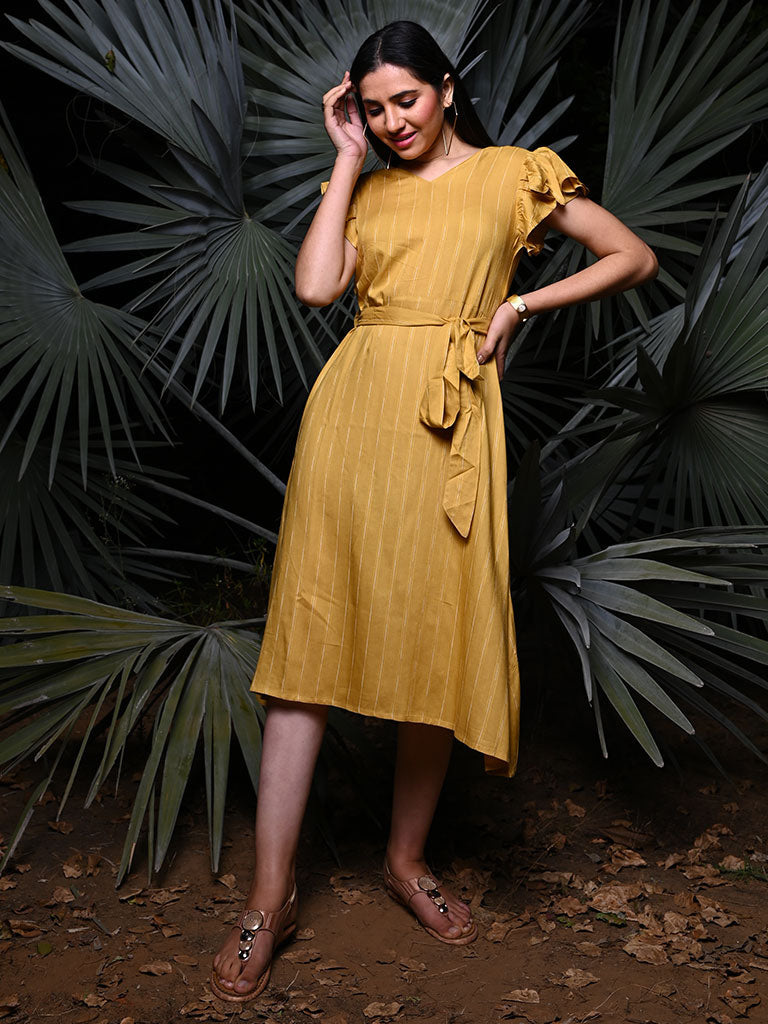 Yellow Self Weave Rayon Flared Dress With Belt