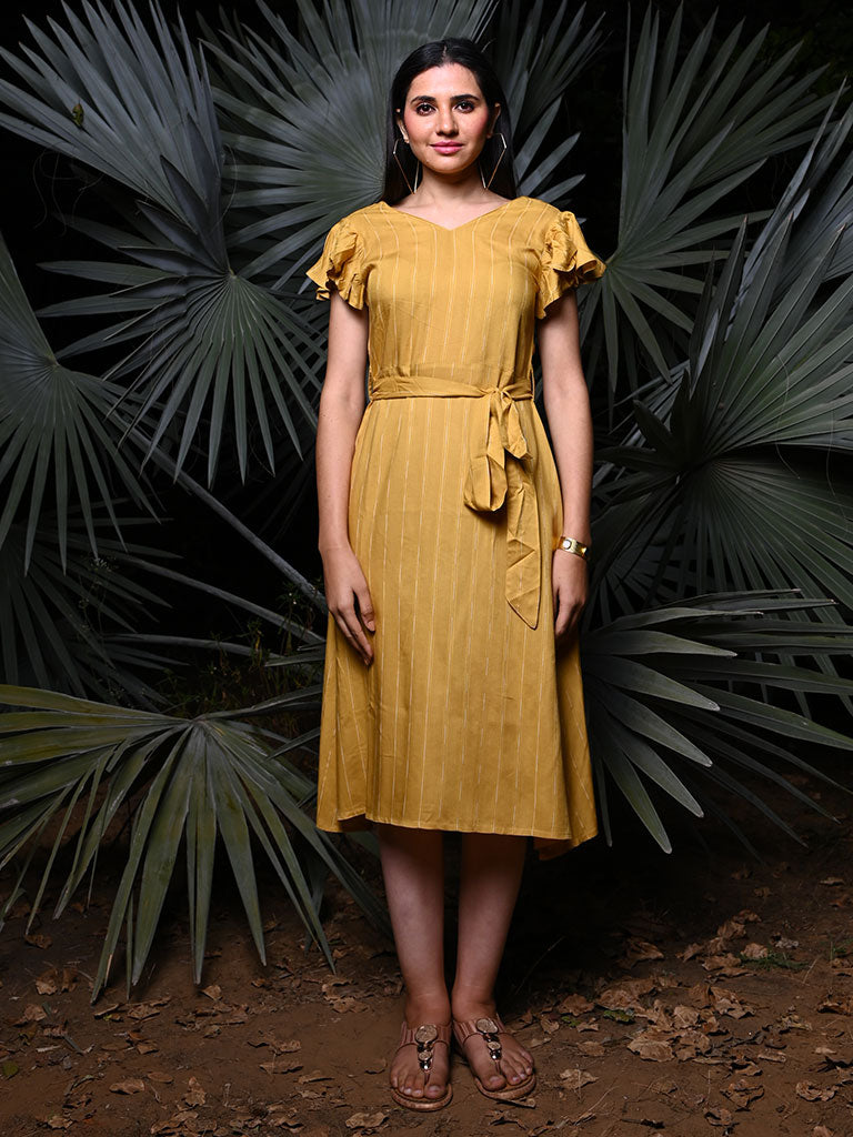 Yellow Self Weave Rayon Flared Dress With Belt
