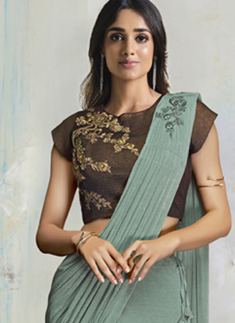 Sea Green Embroidered Lycra Party Wear Ready-to-Wear Saree