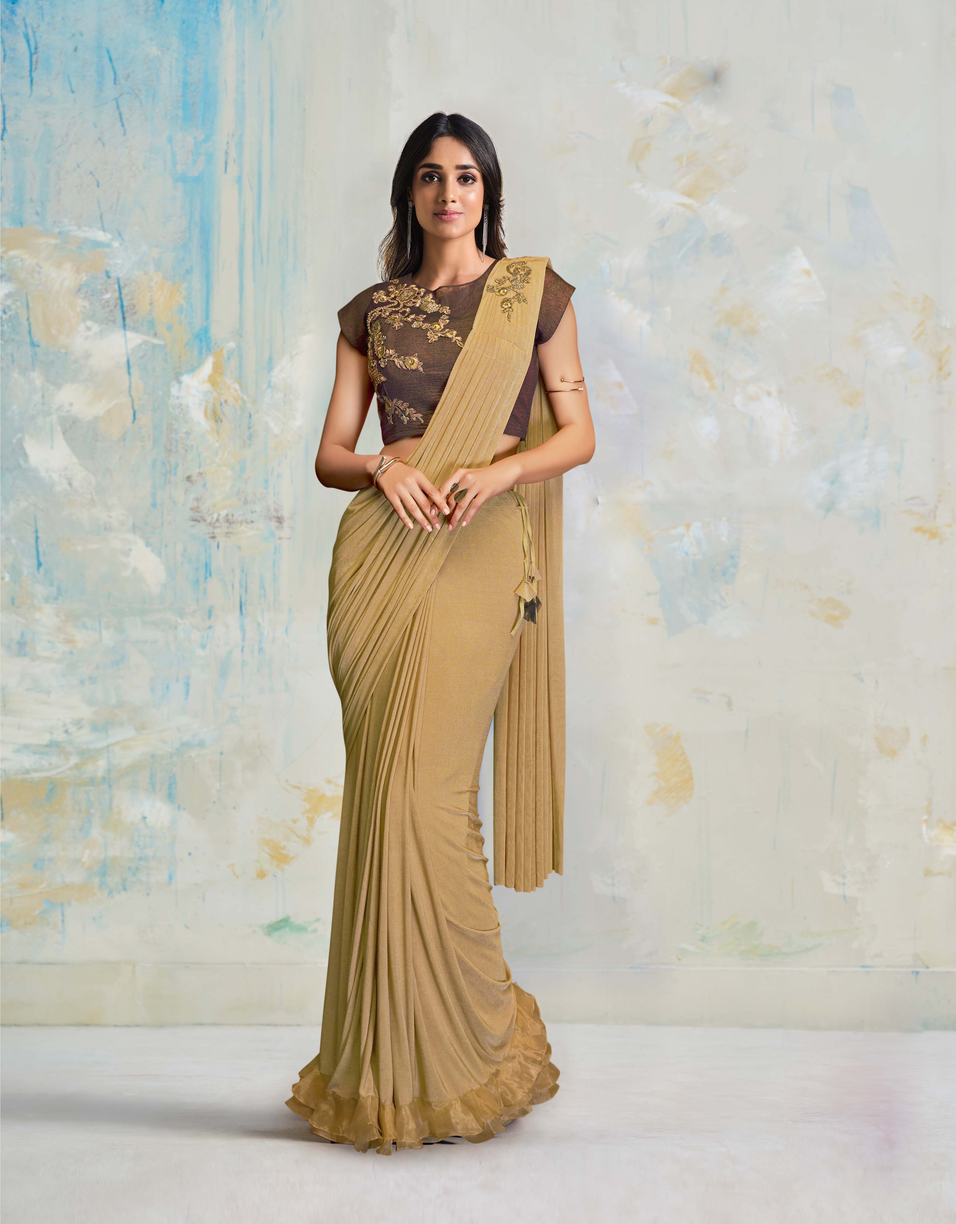 Beige Embroidered Lycra Party Wear Ready-to-Wear Saree