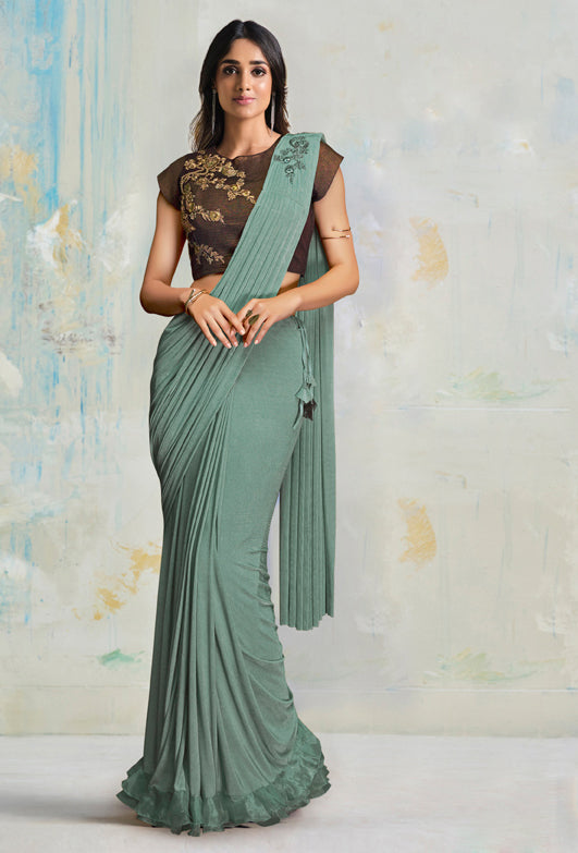 Sea Green Embroidered Lycra Party Wear Ready-to-Wear Saree