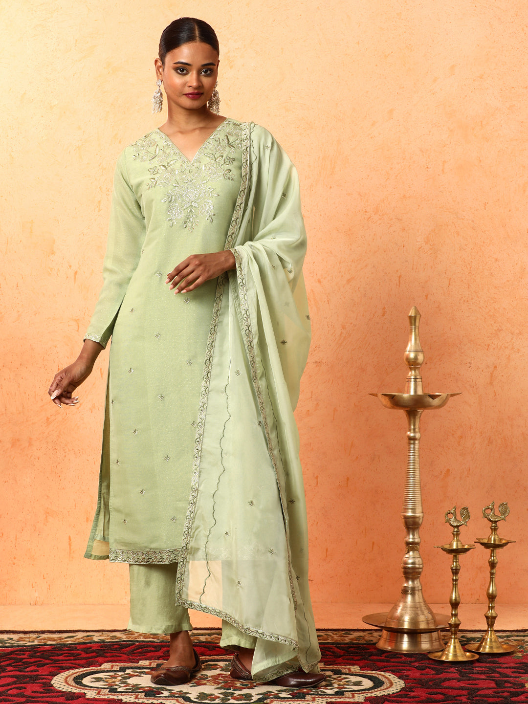 Floral Embroidered Straight Organza Kurta & Trousers Sets