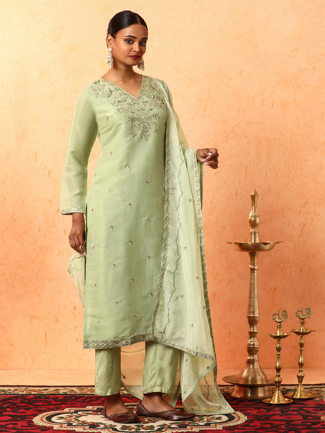 Floral Embroidered Straight Organza Kurta & Trousers Sets