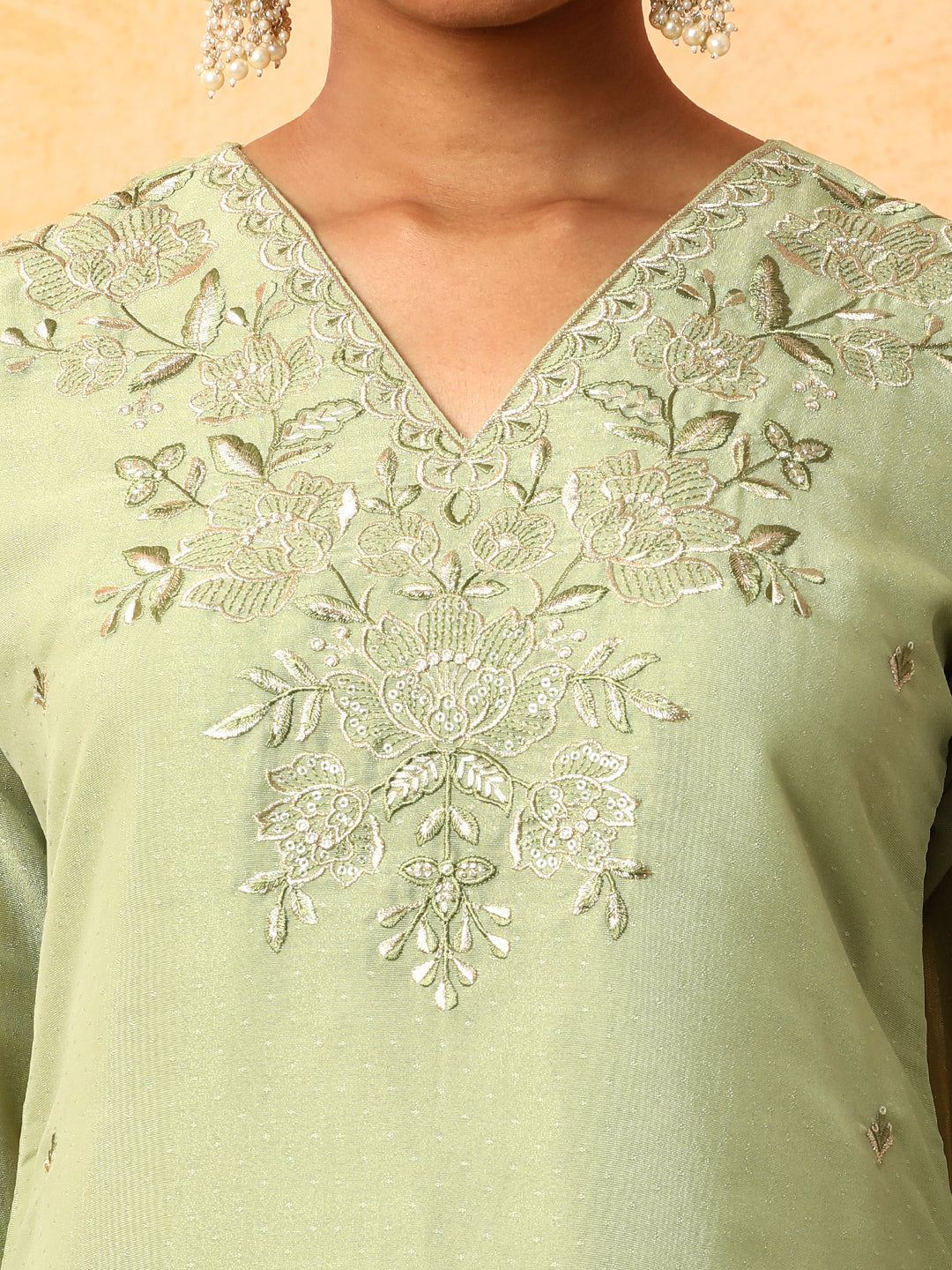Floral Embroidered Straight Organza Kurta & Trousers Sets