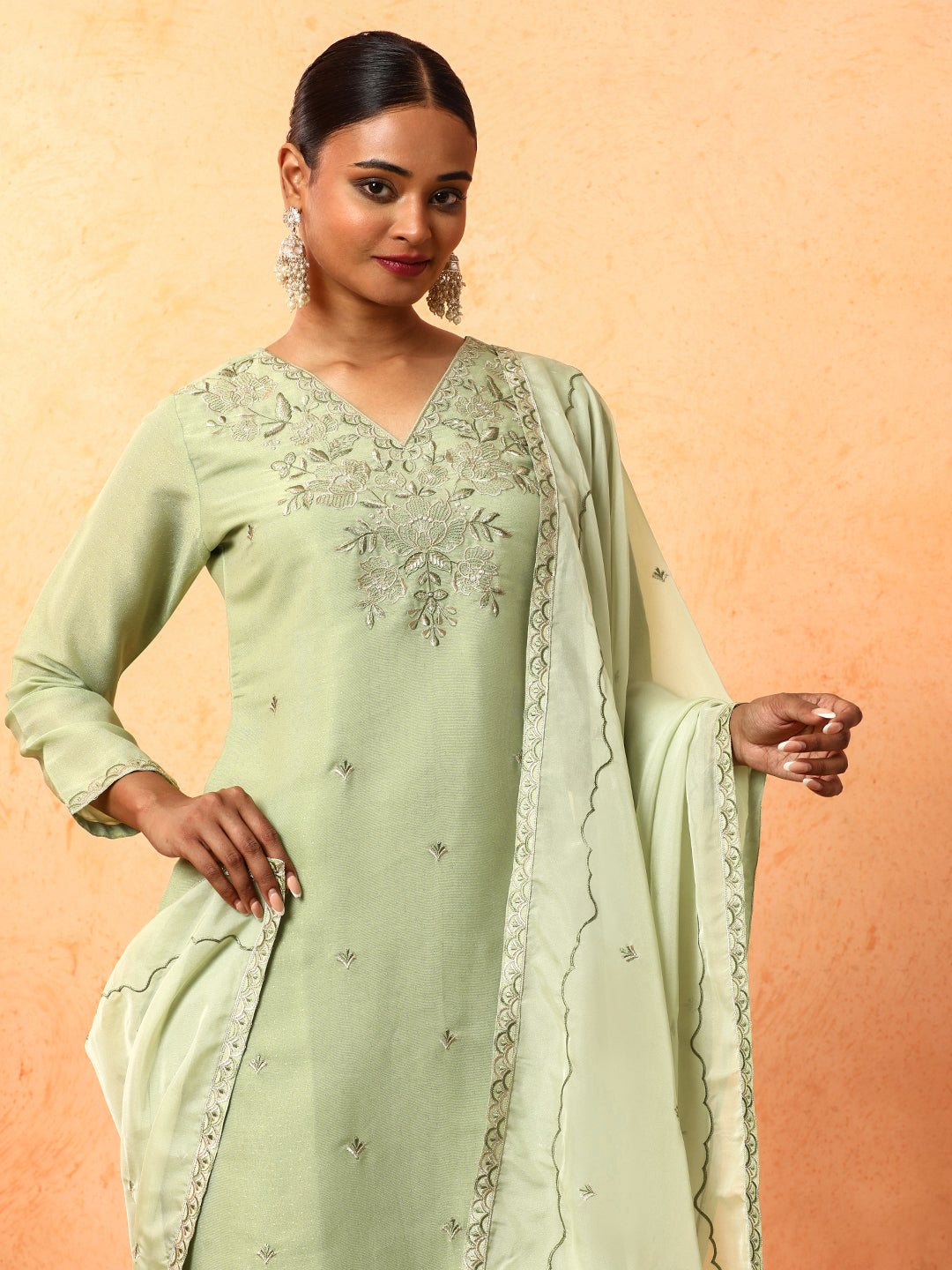 Floral Embroidered Straight Organza Kurta & Trousers Sets