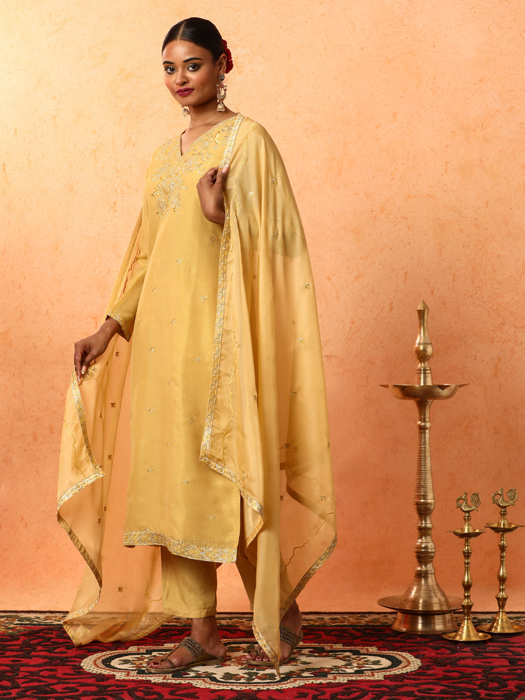 Floral Embroidered Straight Organza Kurta & Trousers Sets