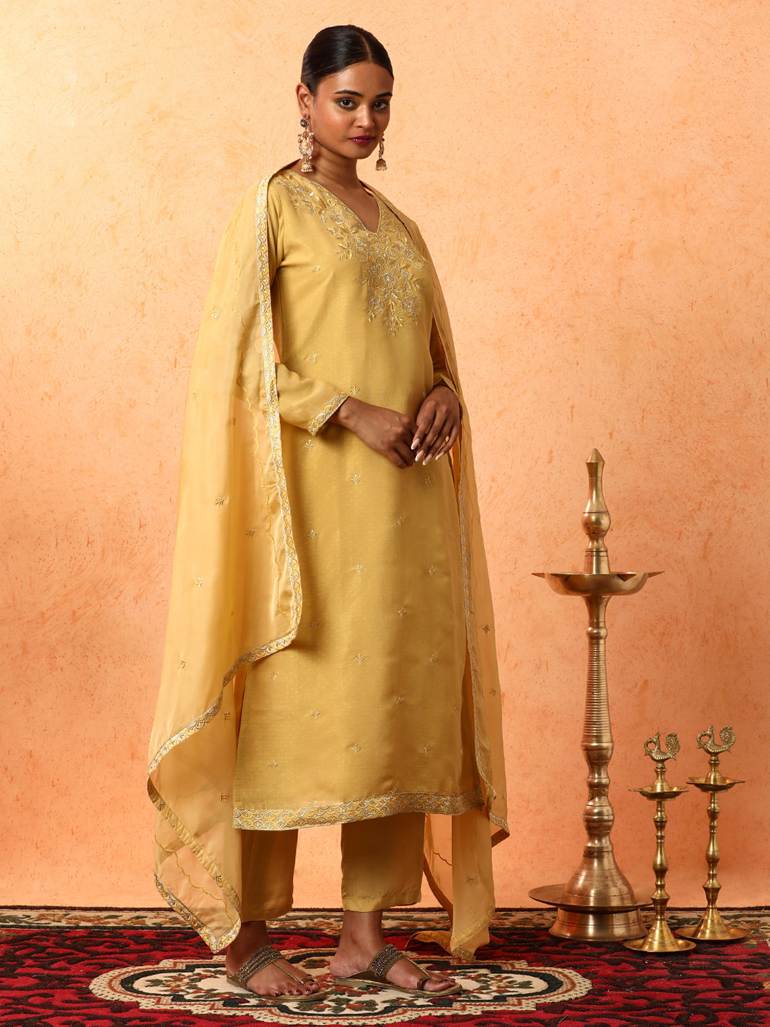 Floral Embroidered Straight Organza Kurta & Trousers Sets