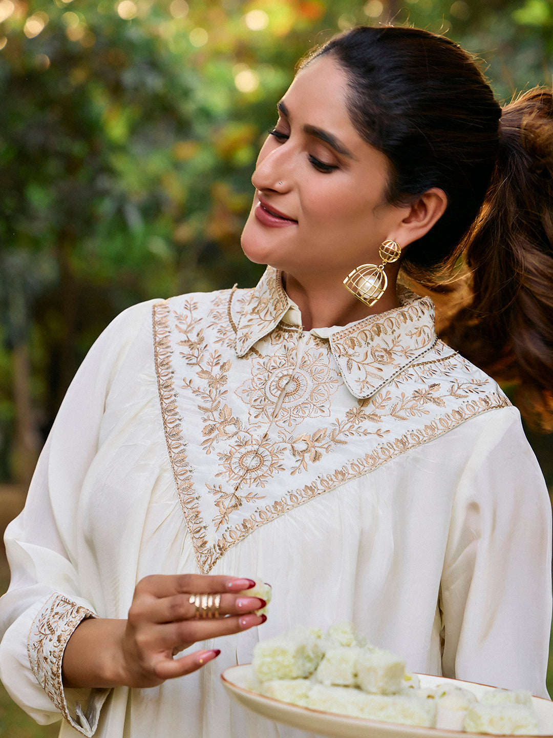 Solid Embroidered A-Line Kurta & Trousers Sets