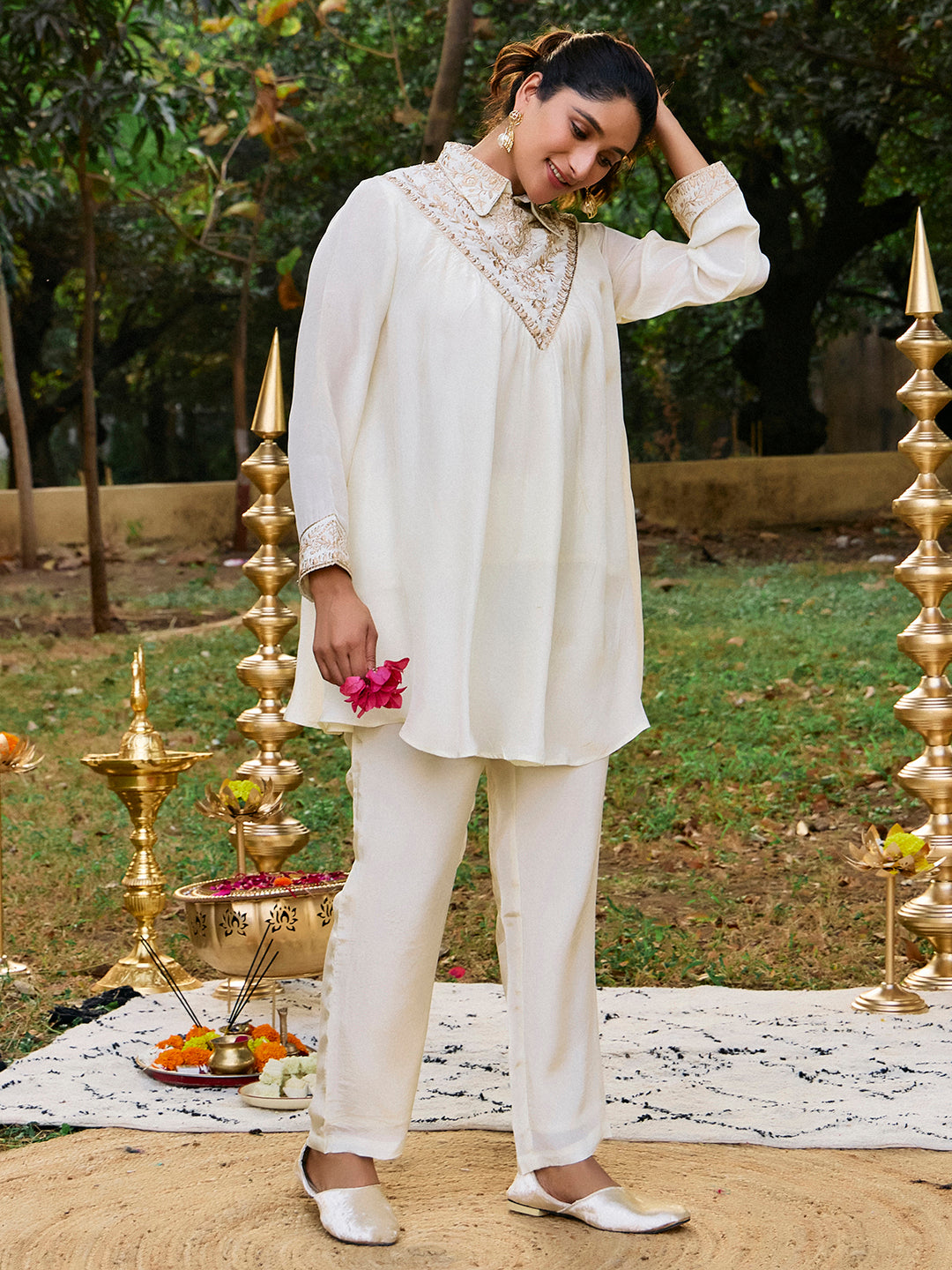 Solid Embroidered A-Line Kurta & Trousers Sets