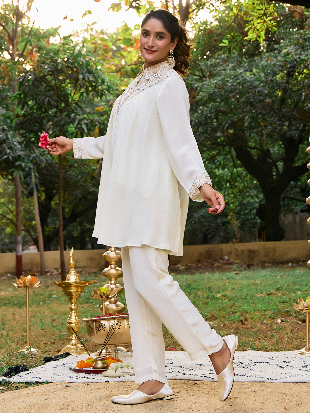 Solid Embroidered A-Line Kurta & Trousers Sets