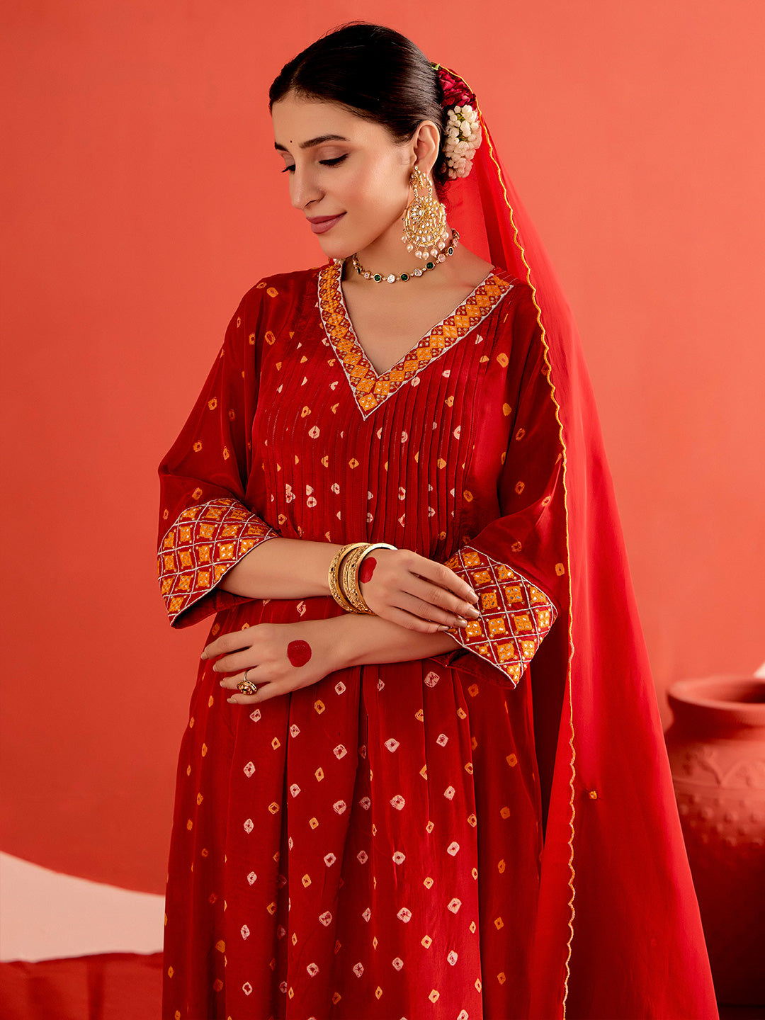 Bandhani Embroidered A-Line Poly Crepe Kurta & Trousers Sets