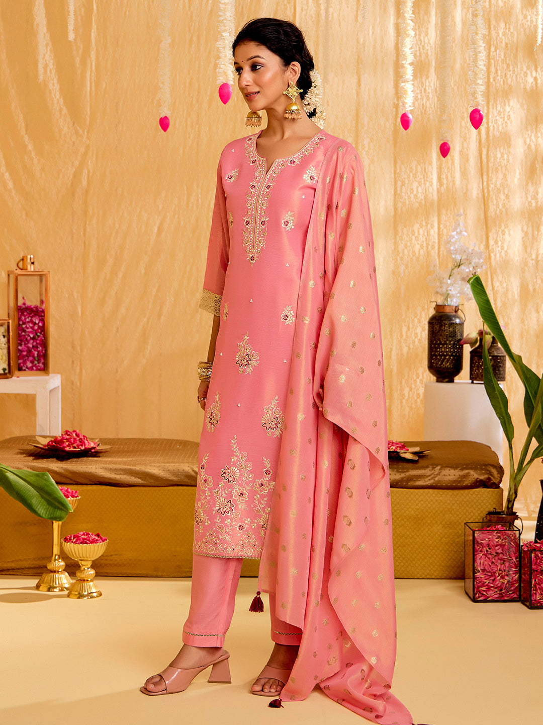 Floral Embroidered Straight Tissue Kurta & Trousers Sets