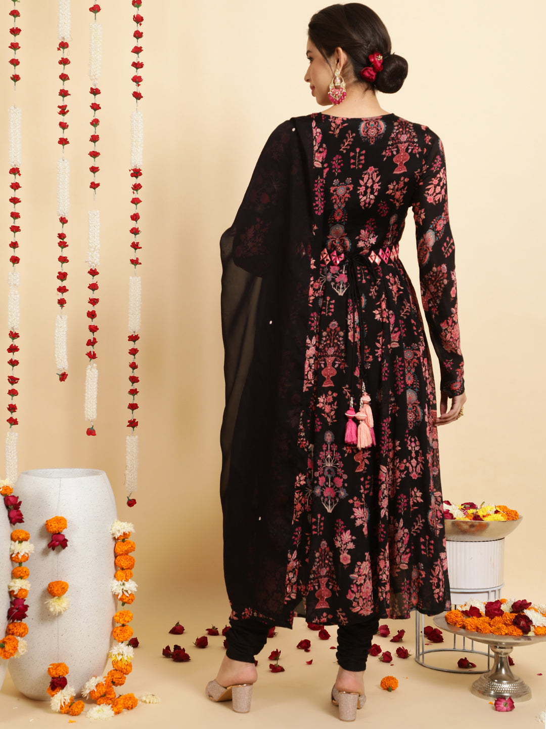 Floral Embroidered A-Line Chinon Kurta & Trousers Sets