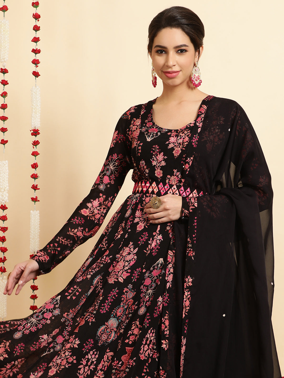 Floral Embroidered A-Line Chinon Kurta & Trousers Sets