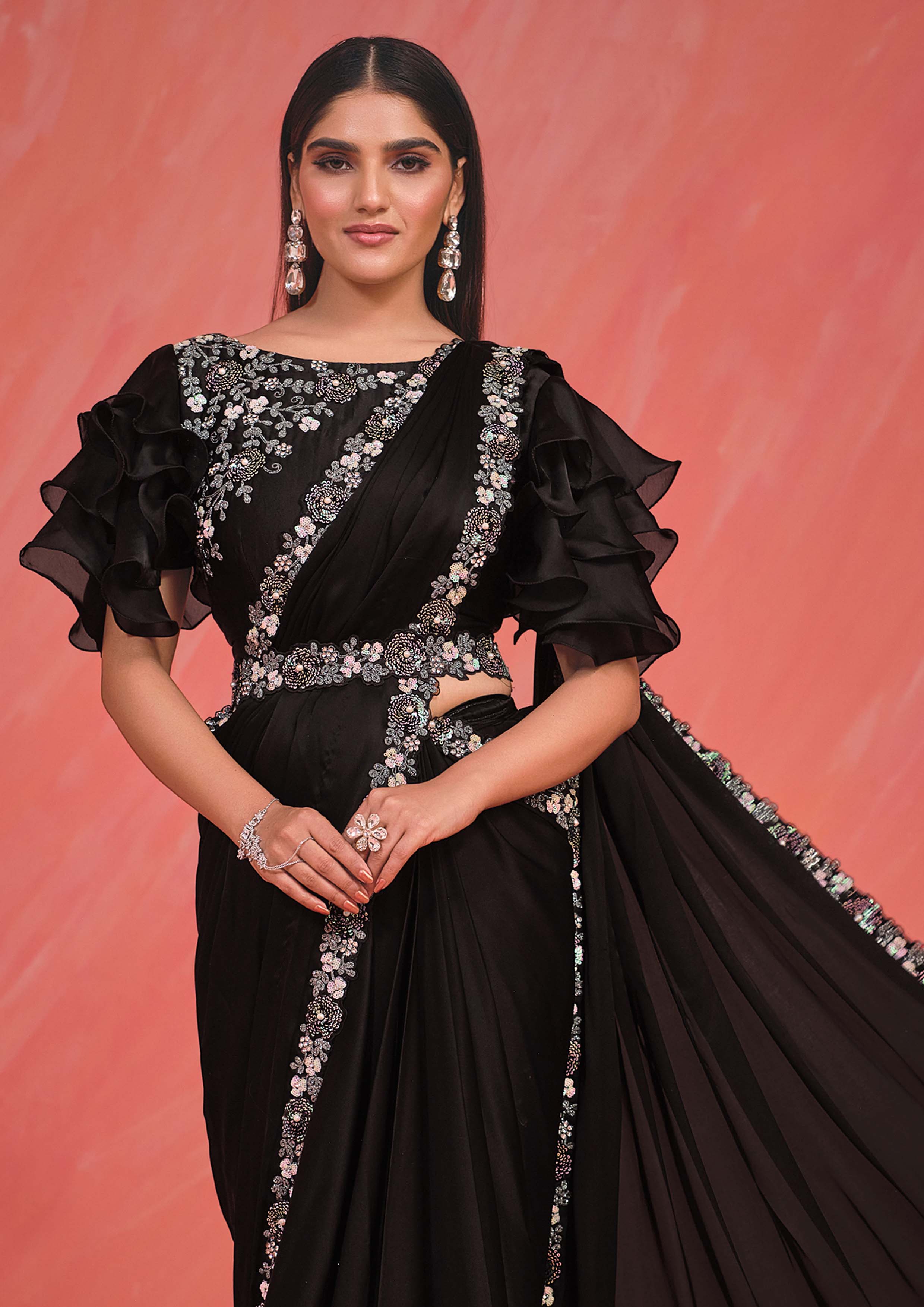 Black Sequin Embroidered Party Wear Ready-to-Wear Saree