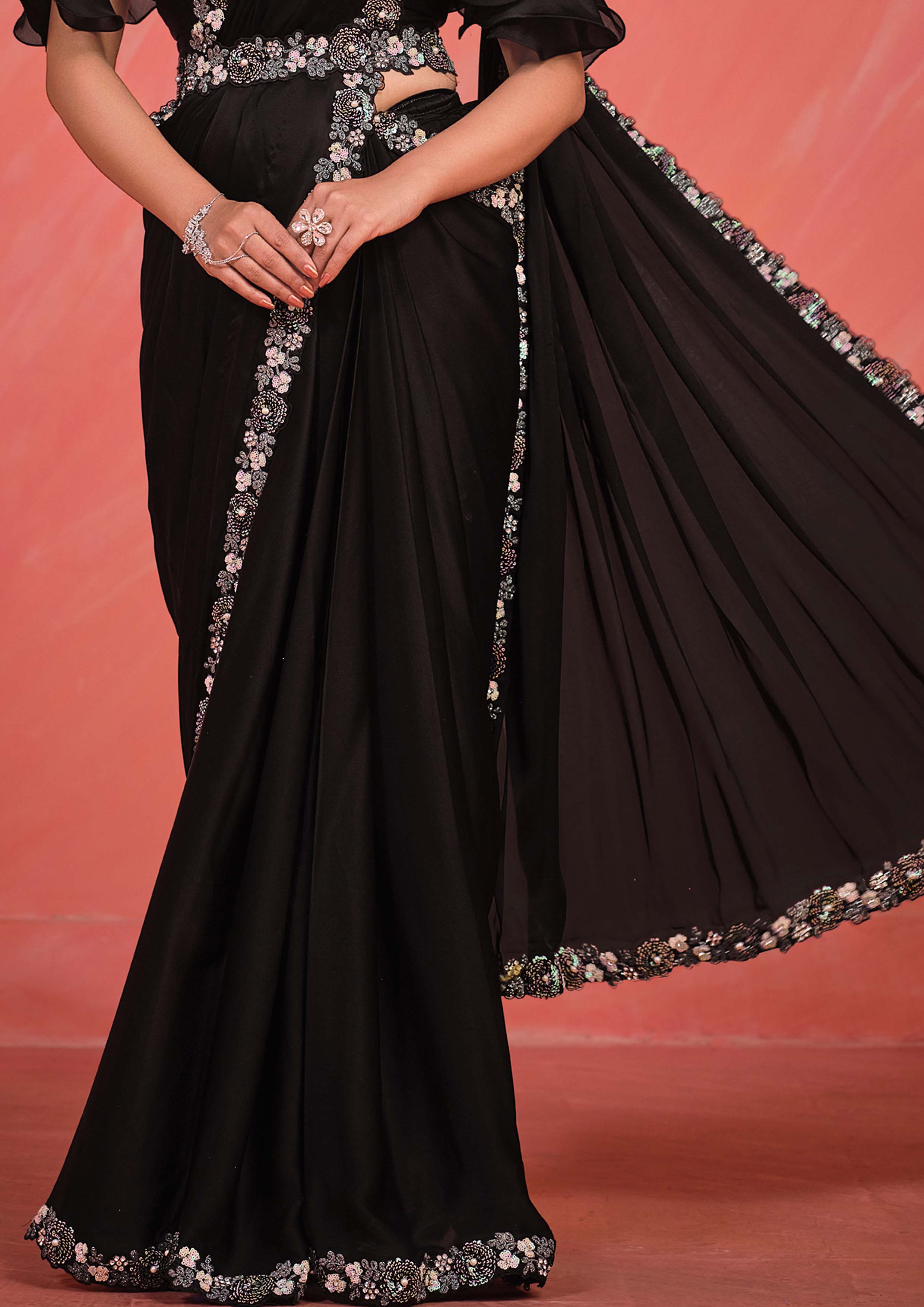 Black Sequin Embroidered Party Wear Ready-to-Wear Saree