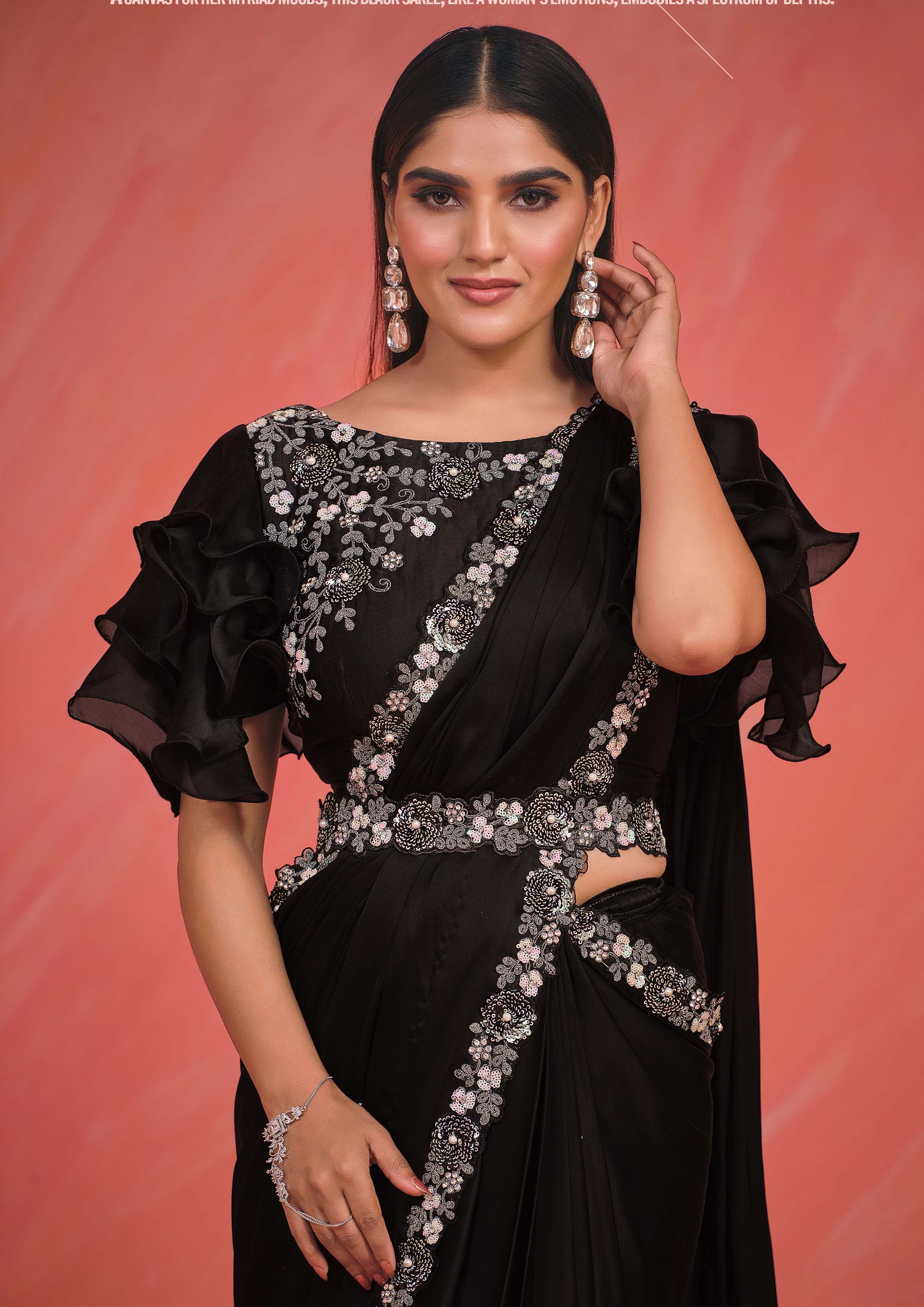 Black Sequin Embroidered Party Wear Ready-to-Wear Saree