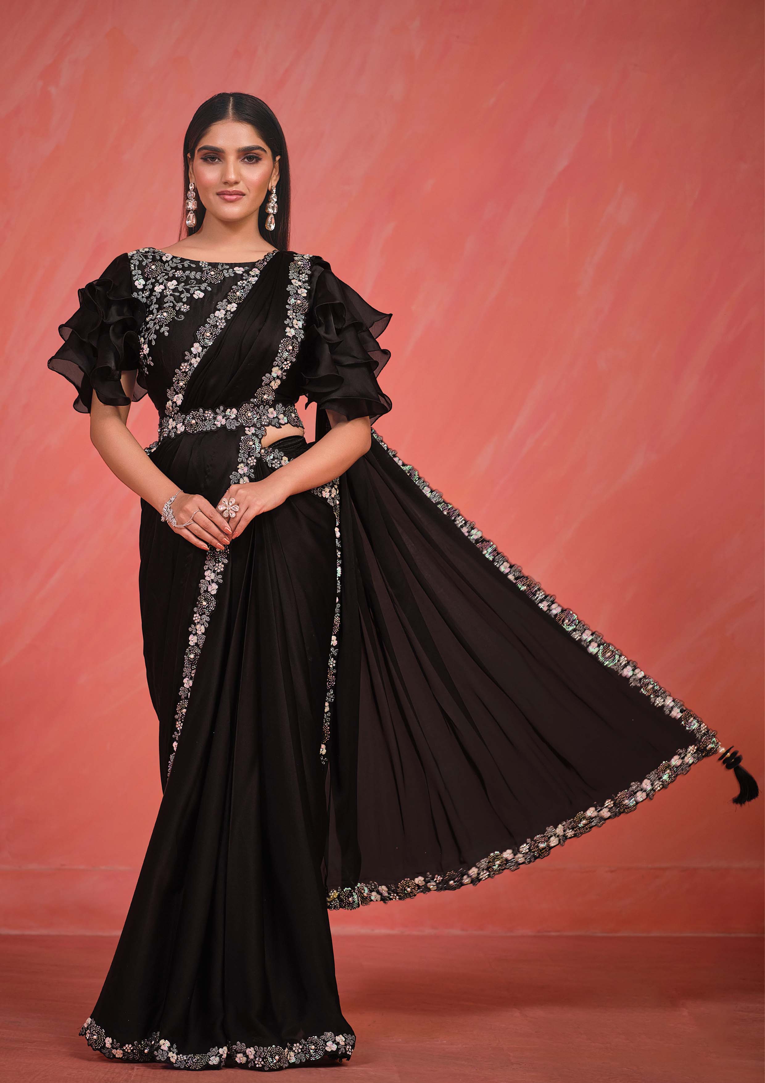 Black Sequin Embroidered Party Wear Ready-to-Wear Saree