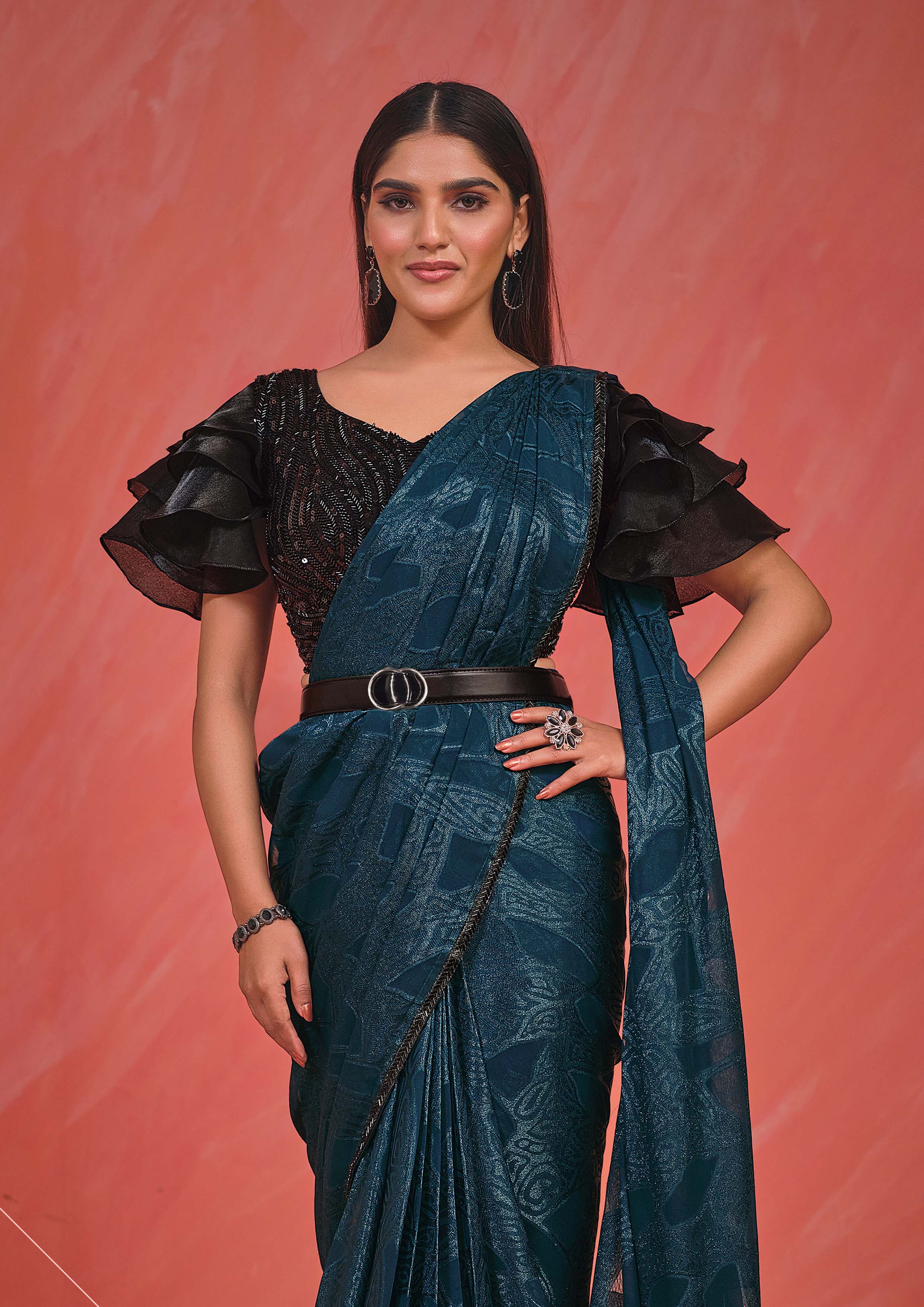 Teal Sequin Embroidered Party Wear Ready-to-Wear Saree