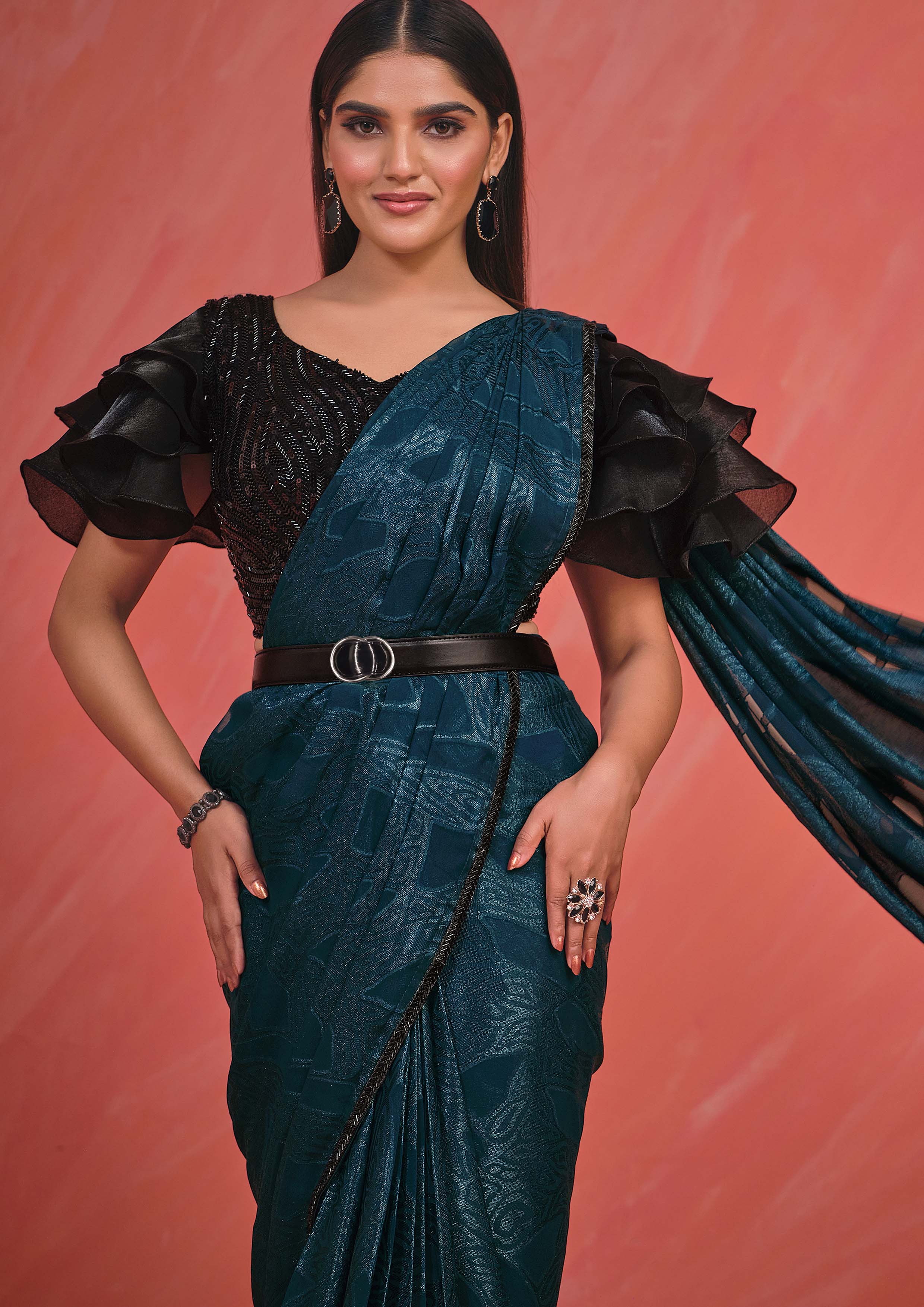 Teal Sequin Embroidered Party Wear Ready-to-Wear Saree