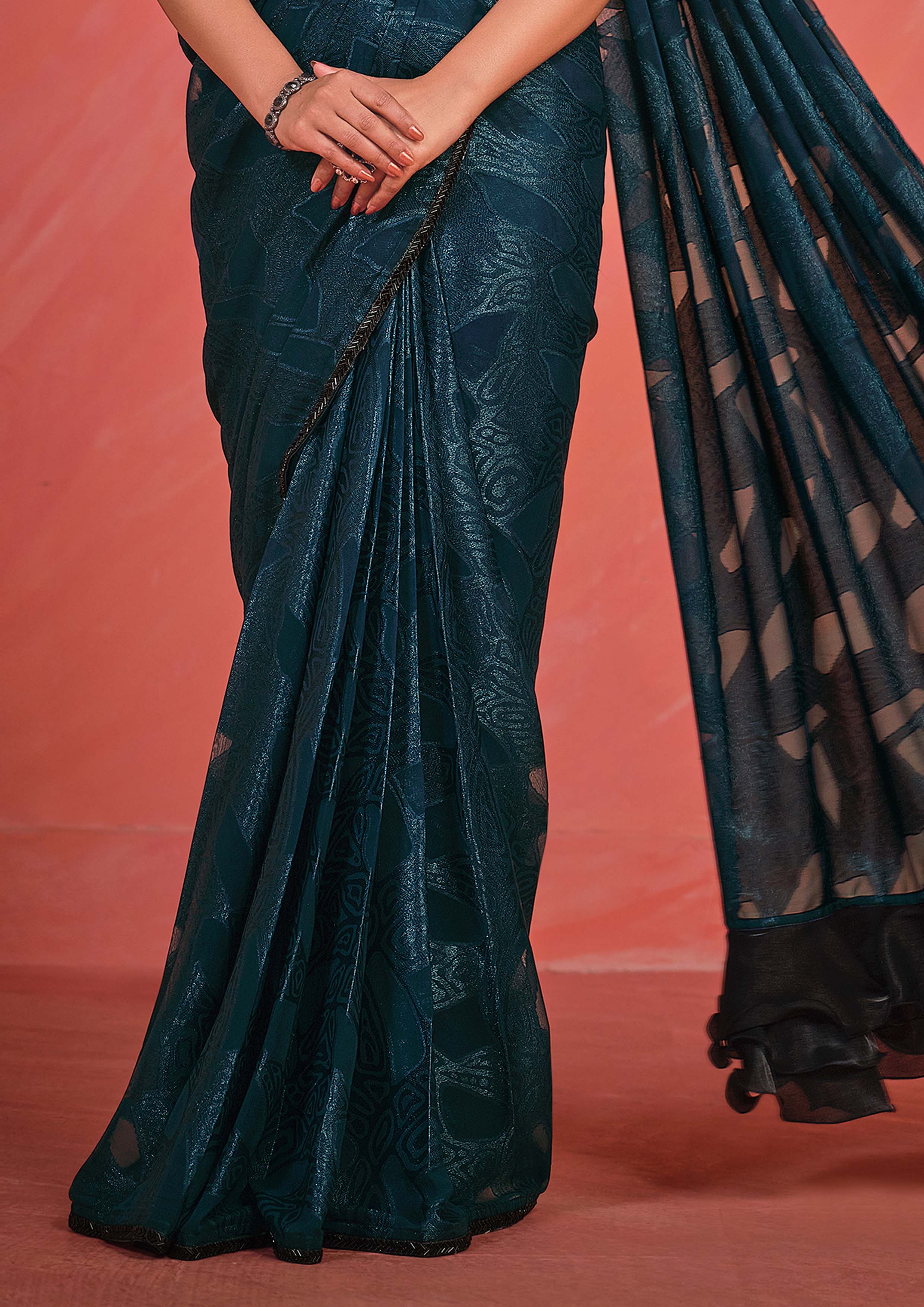 Teal Sequin Embroidered Party Wear Ready-to-Wear Saree