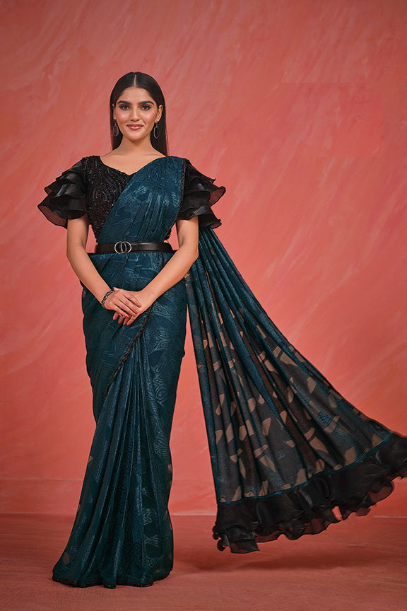 Teal Sequin Embroidered Party Wear Ready-to-Wear Saree