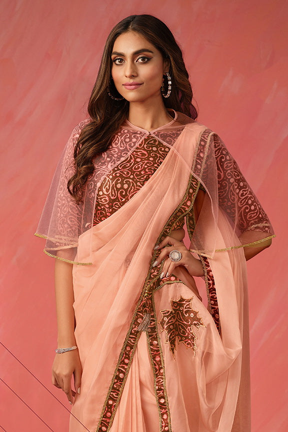 Peach Embroidered Satin Party Wear Ready-to-Wear Saree