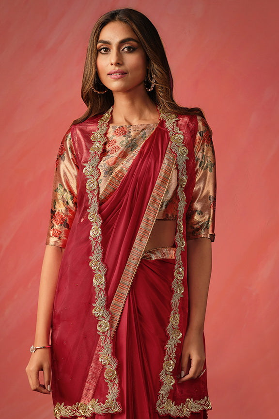 Red Embroidered Satin Party Wear Ready-to-Wear Saree