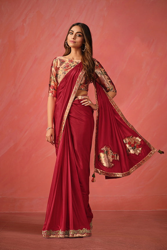 Red Embroidered Satin Party Wear Ready-to-Wear Saree