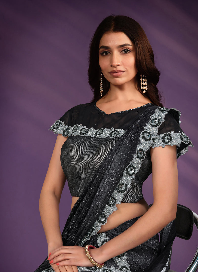 Black Embroidered Lycra Party Wear Ready-to-Wear Saree